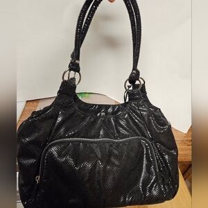 Vintage D Fusion Black Sequin Fabric Satchel Bag with Front Zippered Pouch